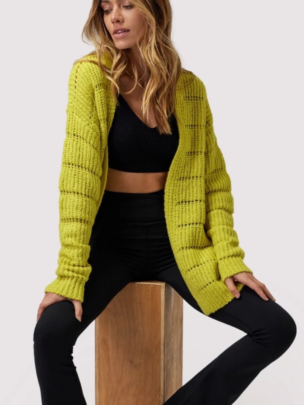Spiritual Gangster Lime Open-Front Chunky Knit cassey Cardigan Small